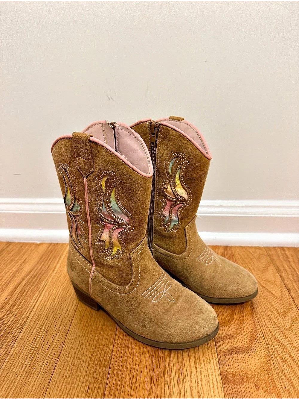 Sugar Girls Western Cowboy Boots Size 13 Tan Pink Embroidered Side Zip
